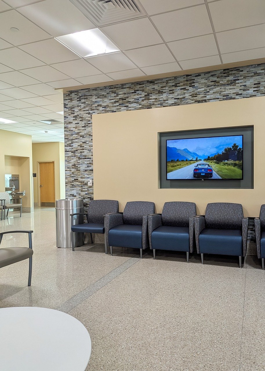 lobby, waiting room, television, tables, chairs, trashcan, modern, contemporary, water fountain, florence lighting, recessed lighting, decorative